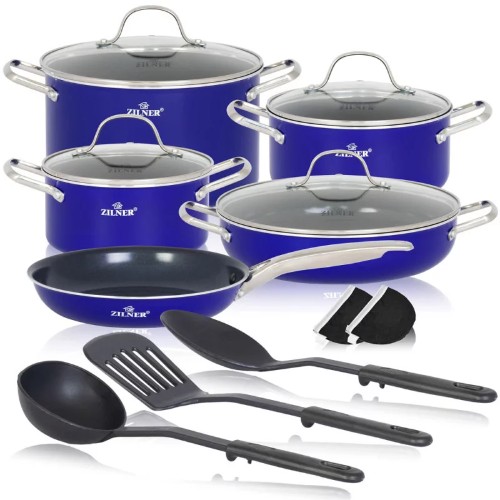 Комплект съдове за готвене с прибори от 14 части ZILNER ZL-8136, Индукционни, Лят алуминий, Многослойно дъно, Незалепващо покритие, Син — снимка