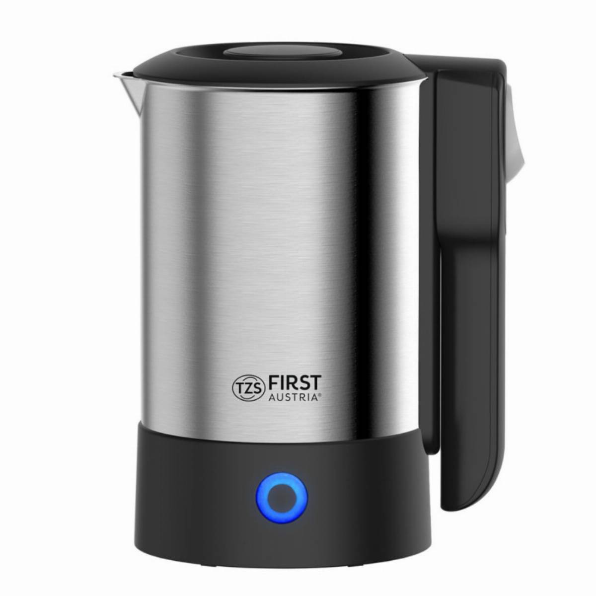 Туристическа електрическа кана First Austria FA-5425-4, 1000W, 0.6 л, 2 чаши и лъжичка, Сгъваща се дръжка, Инокс — снимка