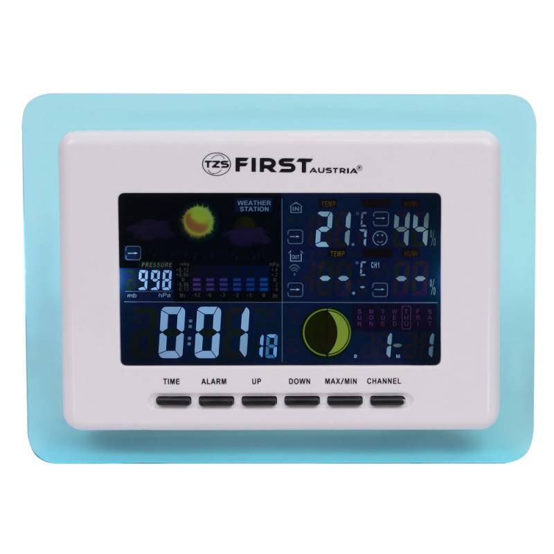 Метеорологична станция First Austria FA-2461-1, -20/+60 C, Прогноза за времето, Календар, Влагомер, Часовник, LCD екран, Син/бял — снимка