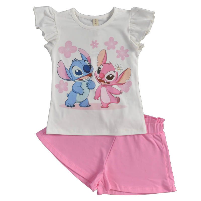 Летен памучен детски комплект Stitch Love с розово — снимка
