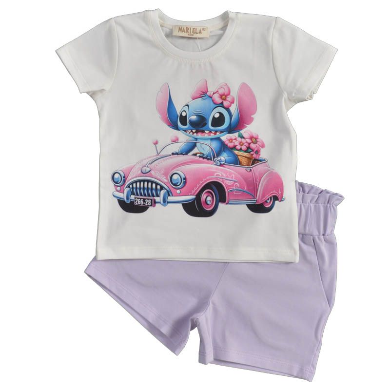 Летен памучен детски комплект Stitch Flowers в бяло и лилаво