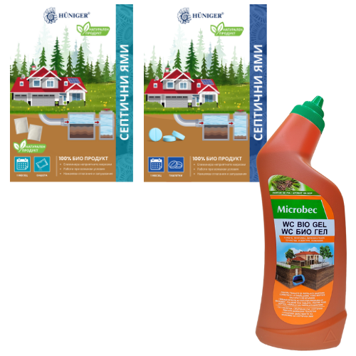 КОМПЛЕКТ: Hüniger® Концентрирани таблетки за 1 месец + Hüniger® концентрирани сашета за 1 месец + Микробец WC Био гел - за разграждане ...