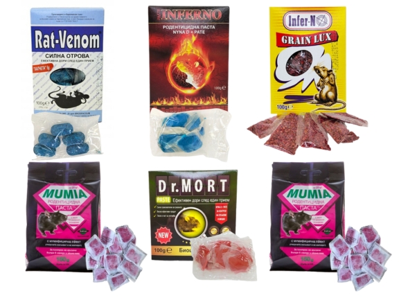 Снимка на XXL КОМПЛЕКТ: Отрови за мишки - Мумия, Д-р Морт, Infer-no Grain Lux, Мумия, Infern-no паста, Rat Venom, качествена марка, цена 9.47 лв