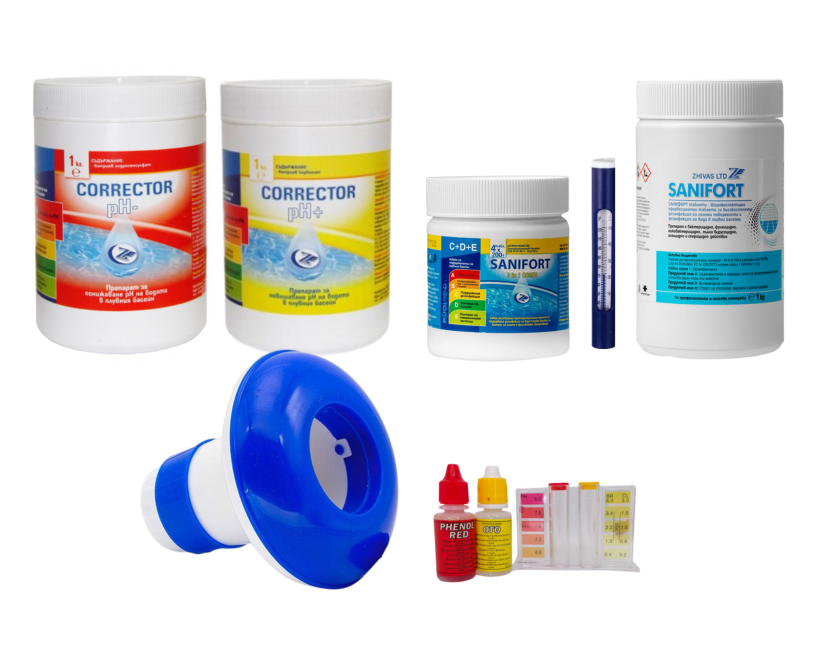 Снимка на Комплект Голям басейн - за дезинфекция на вода, Коректор ph-, Коректор ph+, Санифорт комби 4х200, Диспенсър, Комплект тестери комплект 3в1 ..., качествена марка, цена 47.19 лв