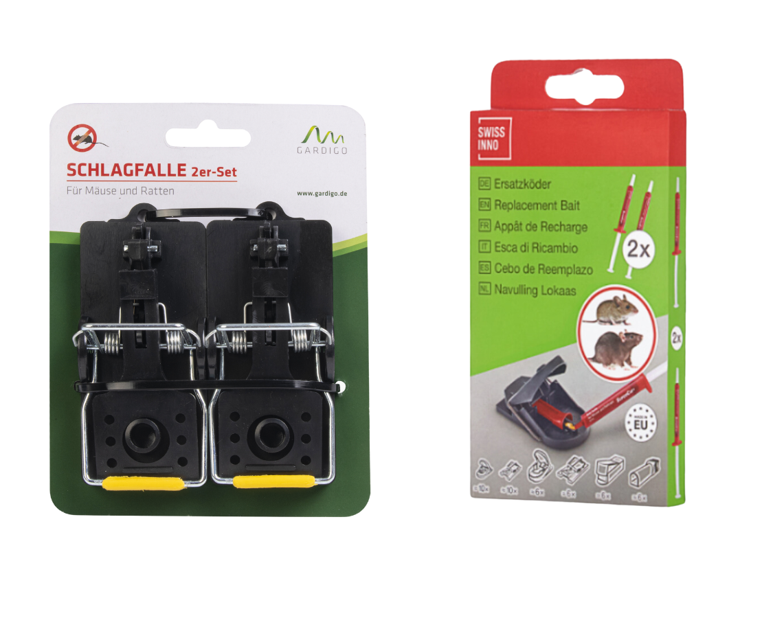 КОМПЛЕКТ: 2 Капана за моментно убиване на мишки Gardigo + Стръв за капани за мишки и плъхове "Super Cat" 2 спринцовки от GARDIGO  — продуктова снимка