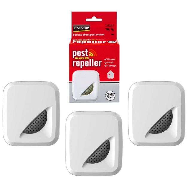 КОМПЛЕКТ 3 бр. Ултразвуков електронен апарат "Pest Stop 90" за прогонване на мишки, плъхове, хлебарки и мравки за 3 помещения х 90 кв. м. от Pest-Stop -  — продуктова снимка