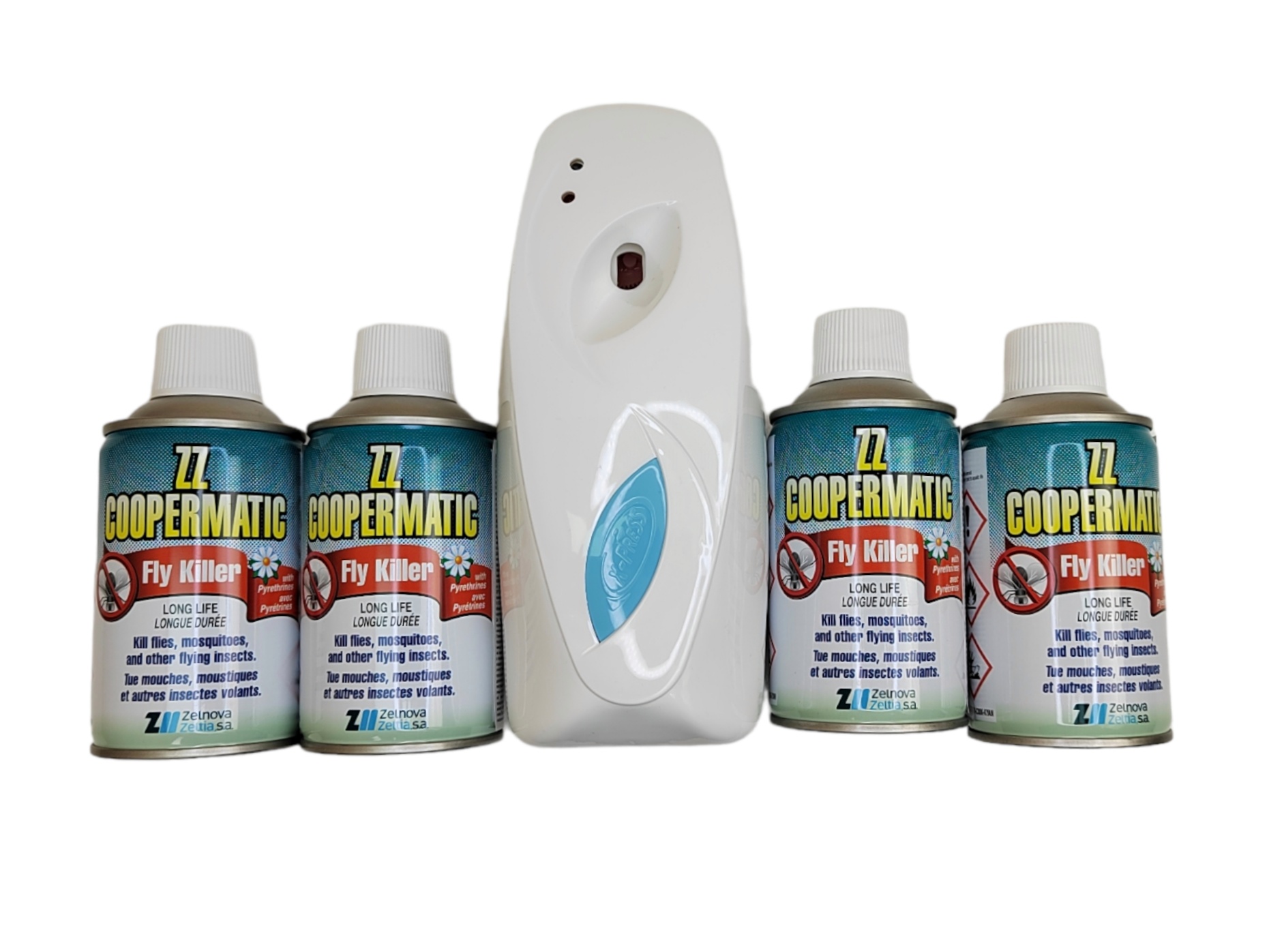 Комплект Диспенсър ДЕН И НОЩ и 4 бр. за ZZ COPERMATIC инсектициди убиващи мухи и други летящи насекоми, подарък 2 батерии АА Varta — снимка на продукта от качествена марка