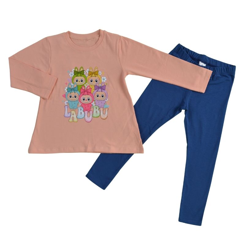 Памучен детски комплект Labubu Fashion в цвят праскова и синьо от Sevtex — продуктова снимка