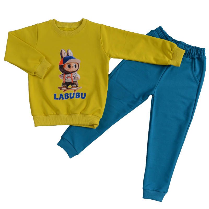 Свеж памучен детски комплект Labubu Fashion в жълто и синьо