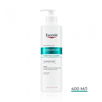 ЕУЦЕРИН ДЕРМОПЮР КЛИНИКЪЛ Коригиращ измиващ гел 400 мл., козметичен продукт за почистване, опаковка на туба  

3