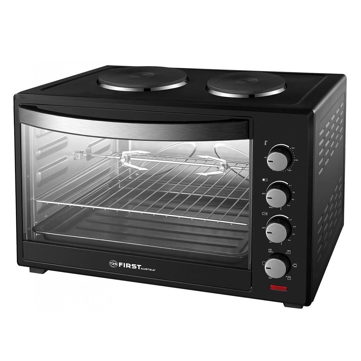 Готварска печка с въртящ се шиш First Austria FA-5045-5, 3400 W, 60 литра, 2 котлона, Конвекция, Грил, Черен — снимка