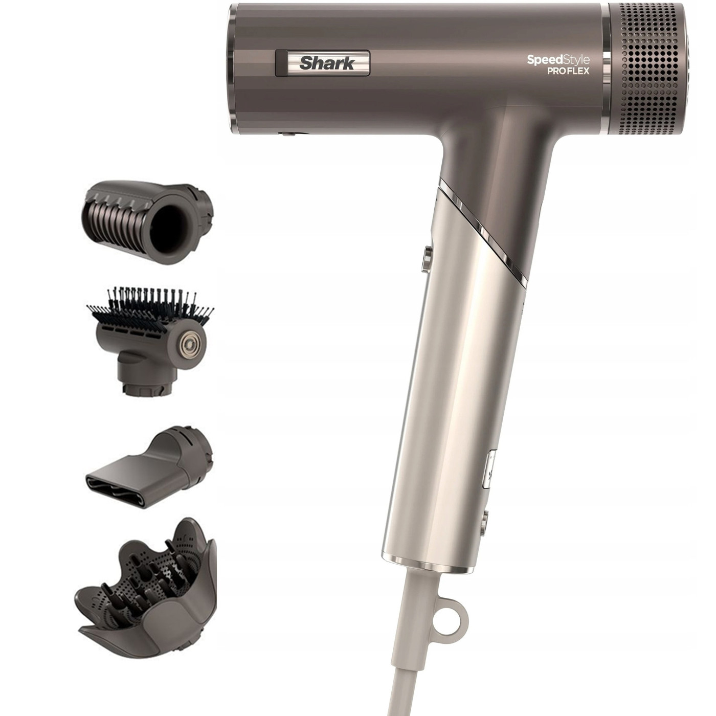Сешоар 4в1 Shark SpeedStyle Pro FLEX HD542EU, 1750W, 4 темп. настройки, 3 скорости, Студен въздух, Йонизация, Защита на скалпа, Мока сребрист — снимка на продукта от Shark