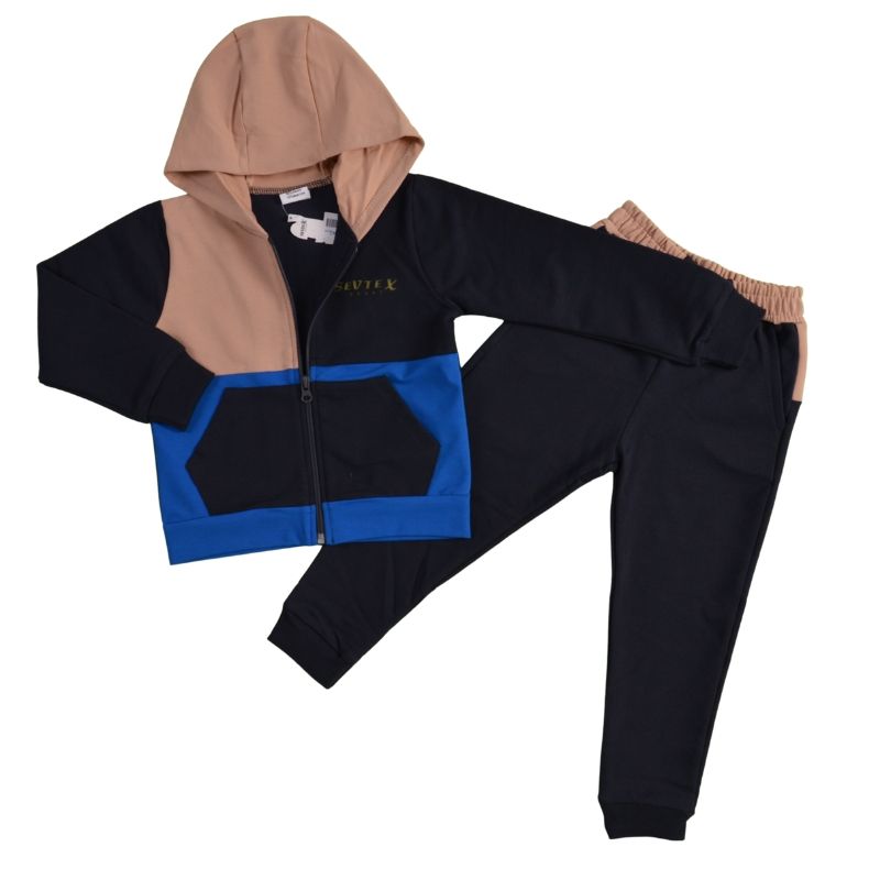 Памучен детски комплект с качулка и с цип Sport Fashion в бежово, синьо и сиво от Sevtex — продуктова снимка