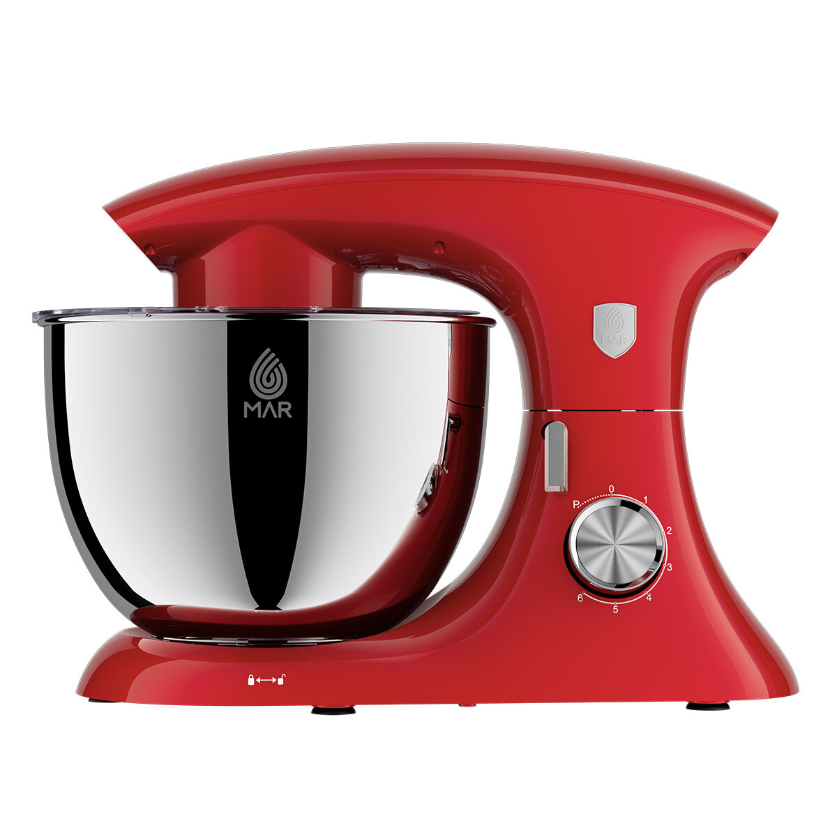 Планетарен миксер MAR MR-1007 Max, 2000W, 8.5L купа, 6 скорости, Pulse, 3 приставки, Червен — снимка