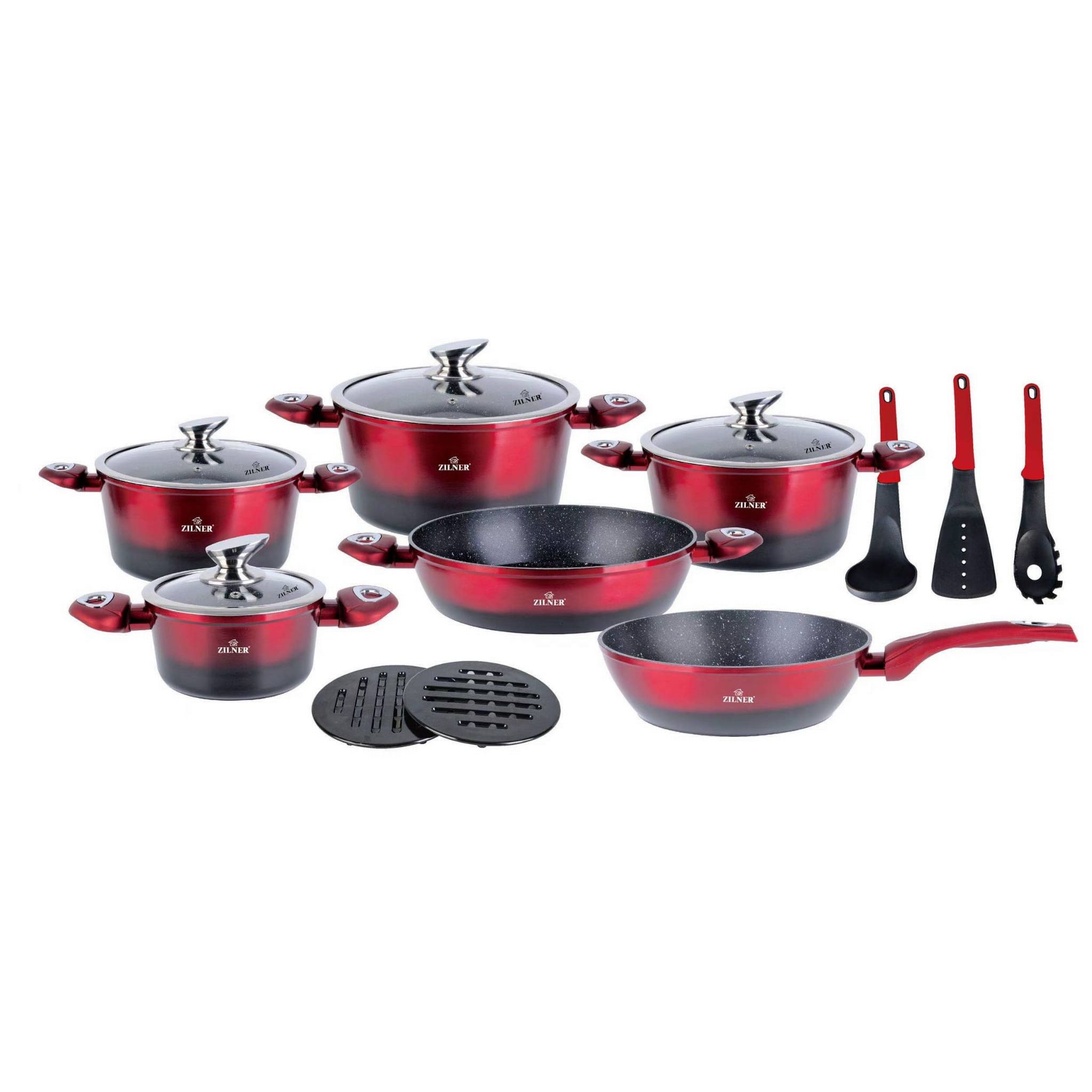 Готварски комплект от 15 части с мраморно покритие ZILNER ZL-8520, Незалепващо покритие, Индукционни, Червен/черен — снимка