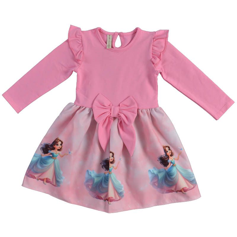 Снимка на Модерна памучна детска рокля с къдрички и панделка Sweet Princess в розово, MARIELA, цена 20.20 лв