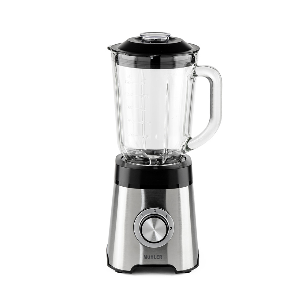 Блендер Muhler MB-555SG, 500W, 1.5 л, 2 скорости + Pulse, Стъклена кана, 4 ножа от неръждаема стомана, Инокс/Черен — снимка