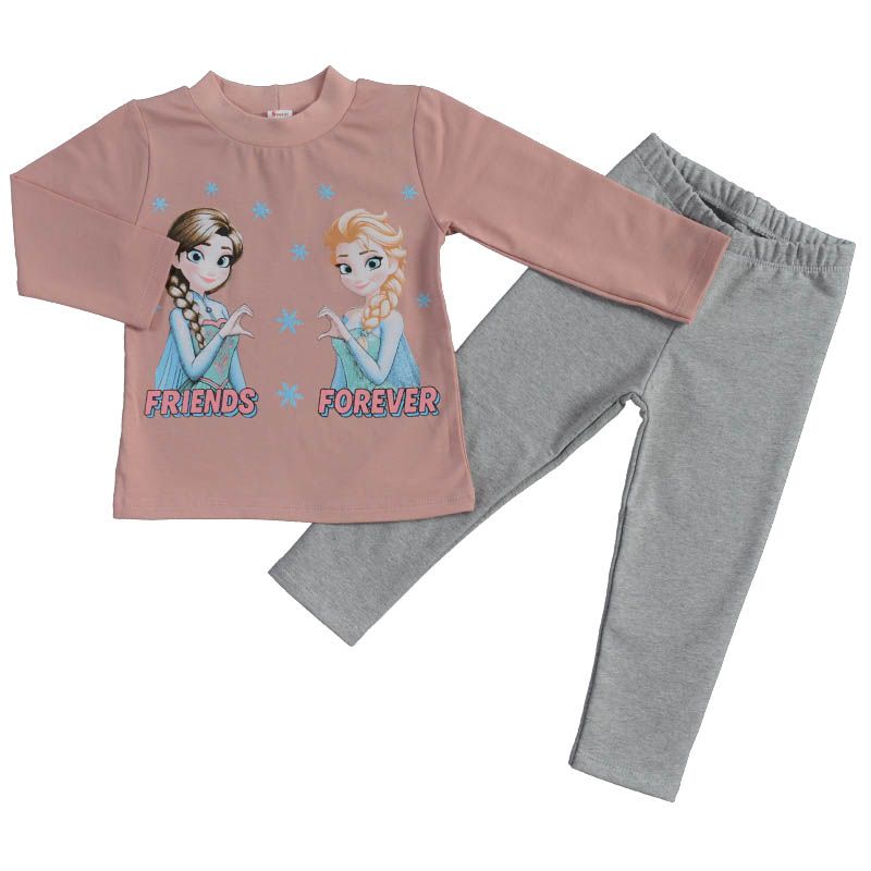 Памучен детски комплект Elsa&Anna Friends в цвят пудра и светлосив меланж — снимка на продукта от Svetli Baby