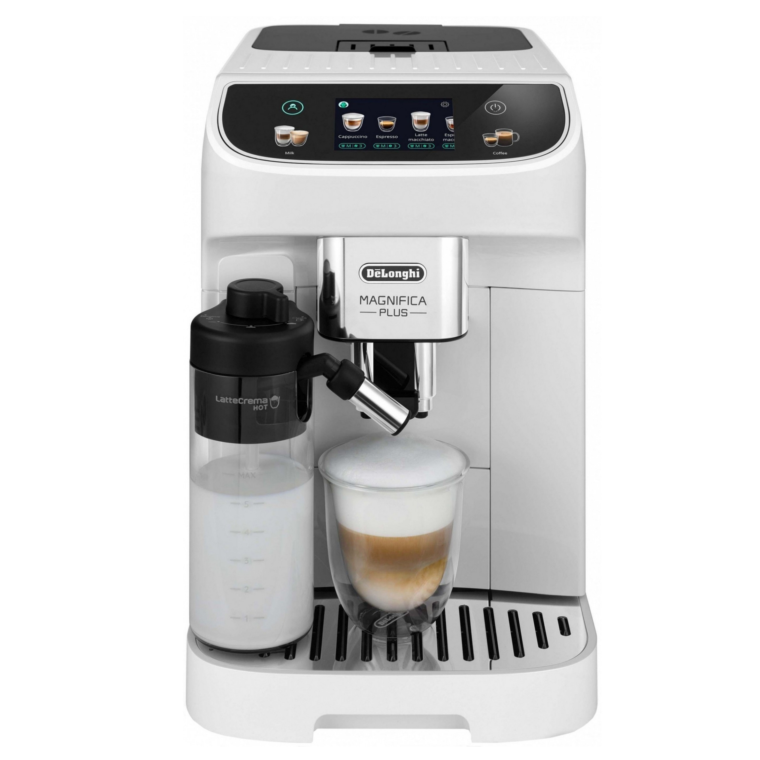 Кафеавтомат DeLonghi Magnifica PLUS ECAM 320.60.W, 1450W, 15 bar, 1.8l, 15 програми, 13 нива на смилане, TFT тъчскрийн, LatteCrema Hot, Опция за кафе на зърна, Бял — снимка на продукта от DeLonghi