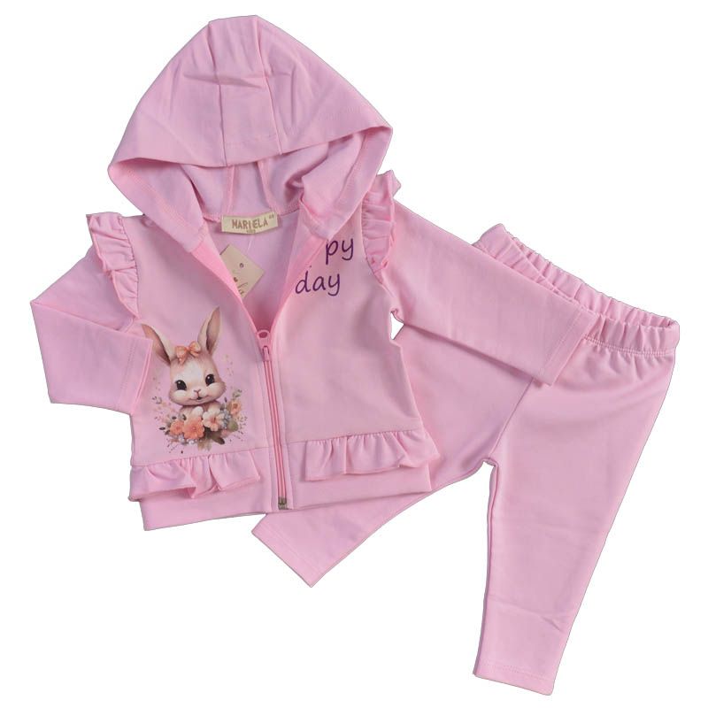 Снимка на Памучен детски комплект с цип и с къдрички Happy Bunny в розово, MARIELA, цена 18.66 лв