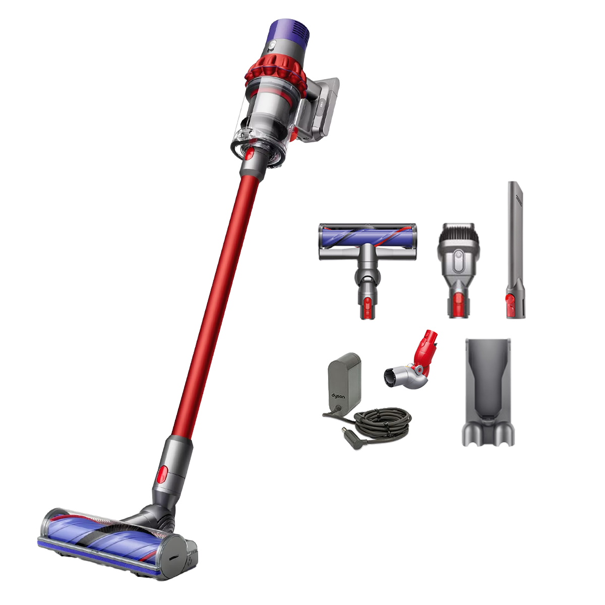 Вертикална прахосмукачка Dyson V10 Origin 394464-01, 525W, 151AW, 0.76l, 125000 об/мин, 60 мин, 3 режима, Motorbar четка, Никел/червен — снимка на продукта от Dyson