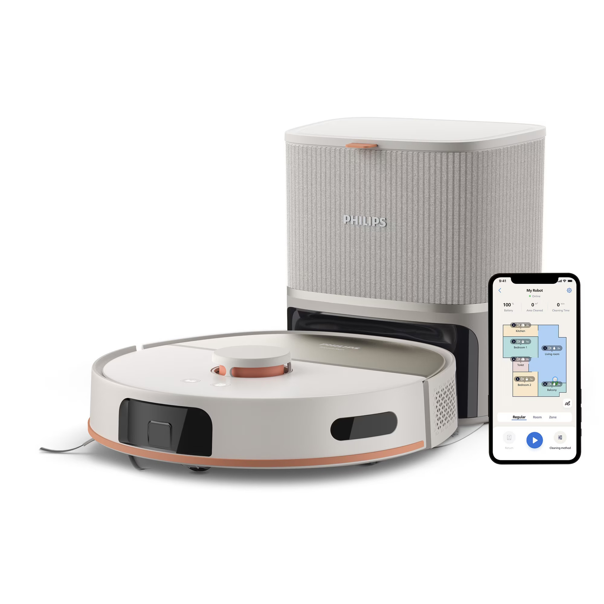 Прахосмукачка робот и моп Philips XU5100/20, 4800 mAh, 10000 Pa, WiFi, LDS навигация, EPA 10, Сухо/мокро почистване, Бежов от Philips — продуктова снимка