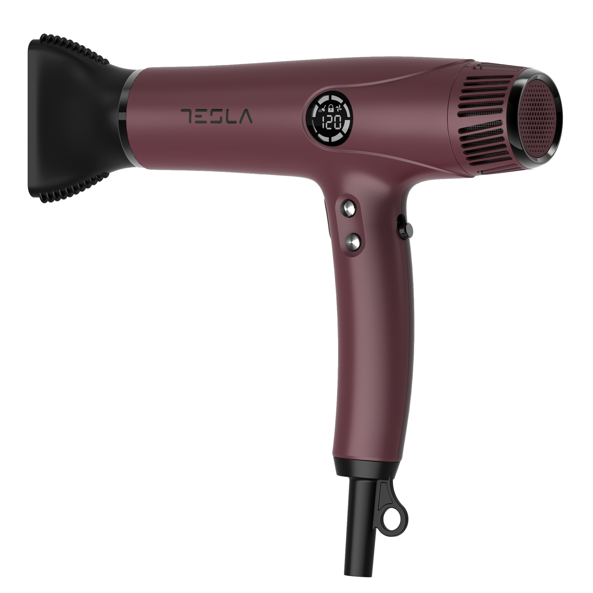 Сешоар Tesla DRH500BBD, 2200W, 68000 об/мин, 4 скорости, 4 температурни настройки, До 120C, Йонизация, Студена струя, LED дисплей, Бордо от Tesla — продуктова снимка