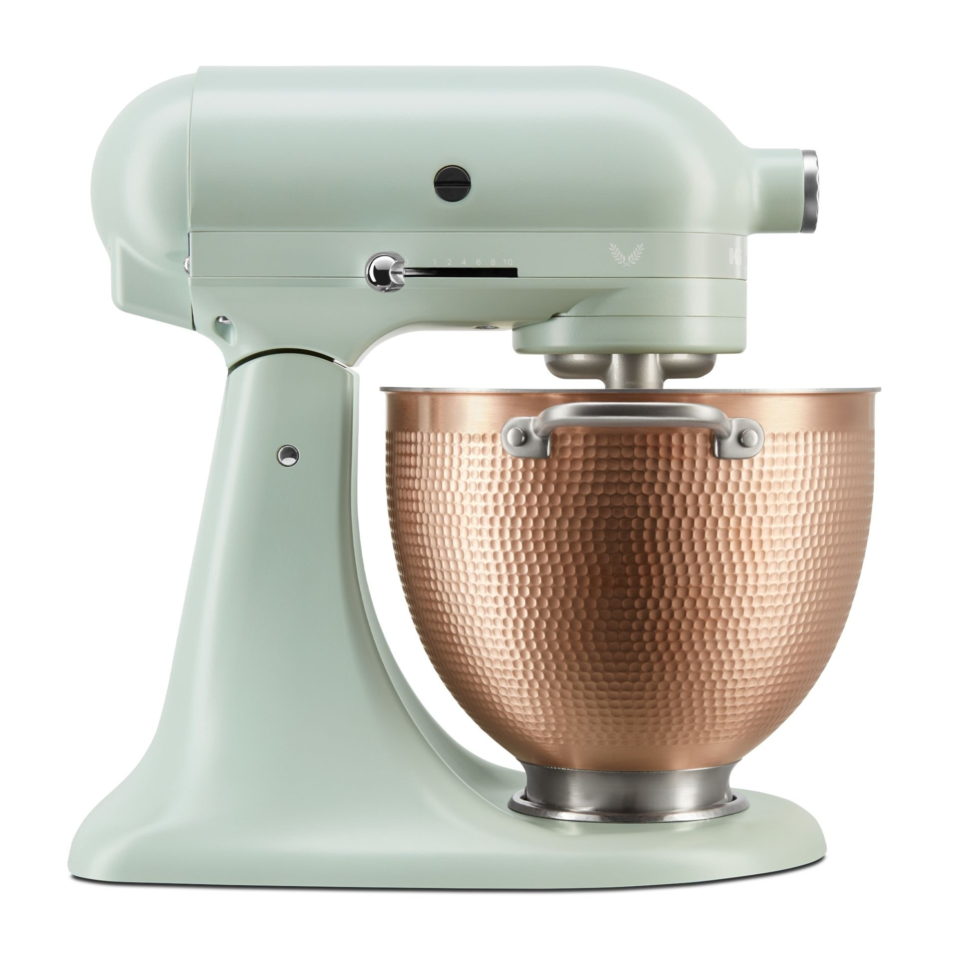 Билково зелен миксер KitchenAid Artisan с кована мед купа и 10 скорости  

16.