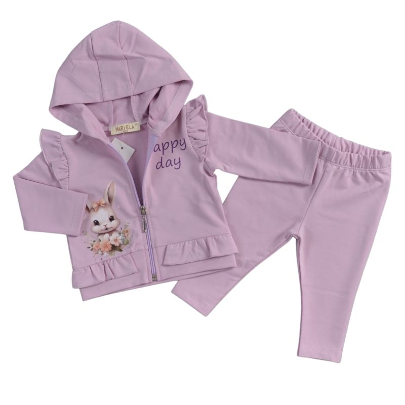 Снимка на Памучен детски комплект с цип и с къдрички Happy Bunny в лилаво, MARIELA, цена 18.66 лв