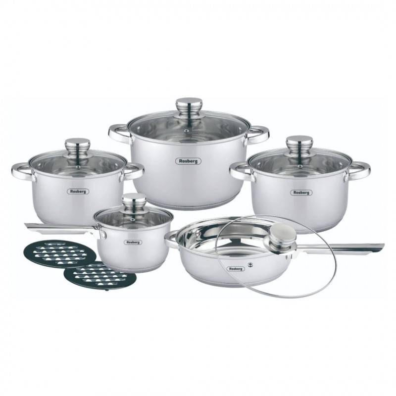 Комплект тенджери и тигани Rosberg R51210L12BM, 12 части, Многослойно дъно, Неръждаема стомана, Сребрист от Potrebno — продуктова снимка