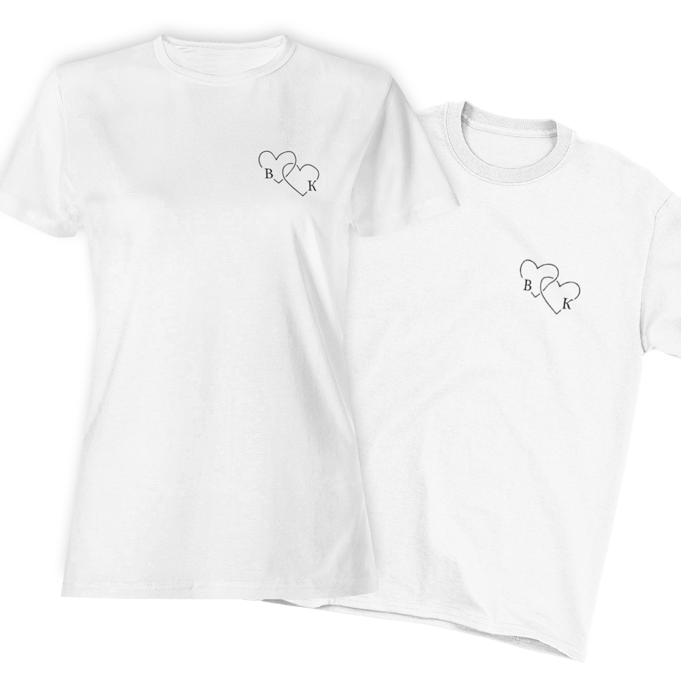 Тениски за влюбени - две сърца и вашите инициали от Clothinkeu -      — продуктова снимка