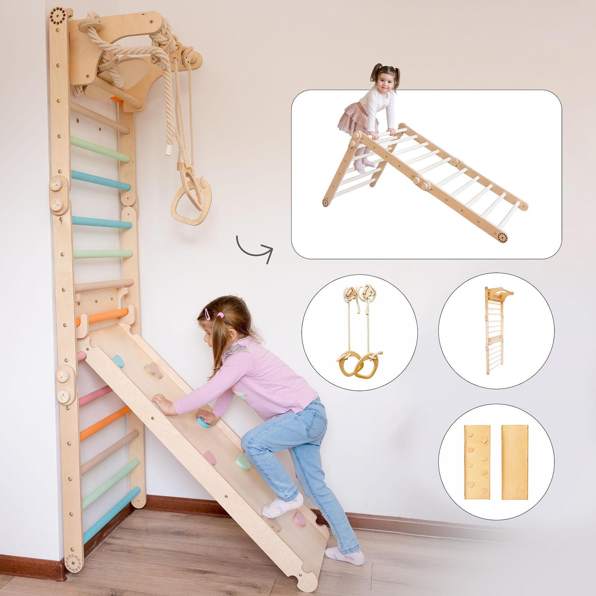 Шведска стена с гимнастически халки и рампа — продуктова снимка