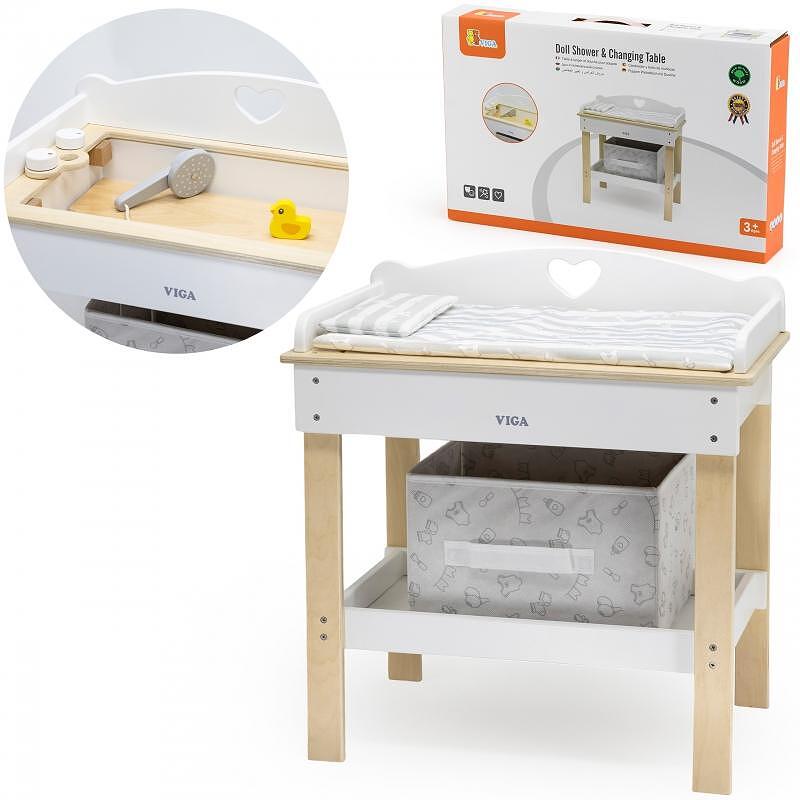Дървена маса за повиване и вана за къпане на кукли — снимка