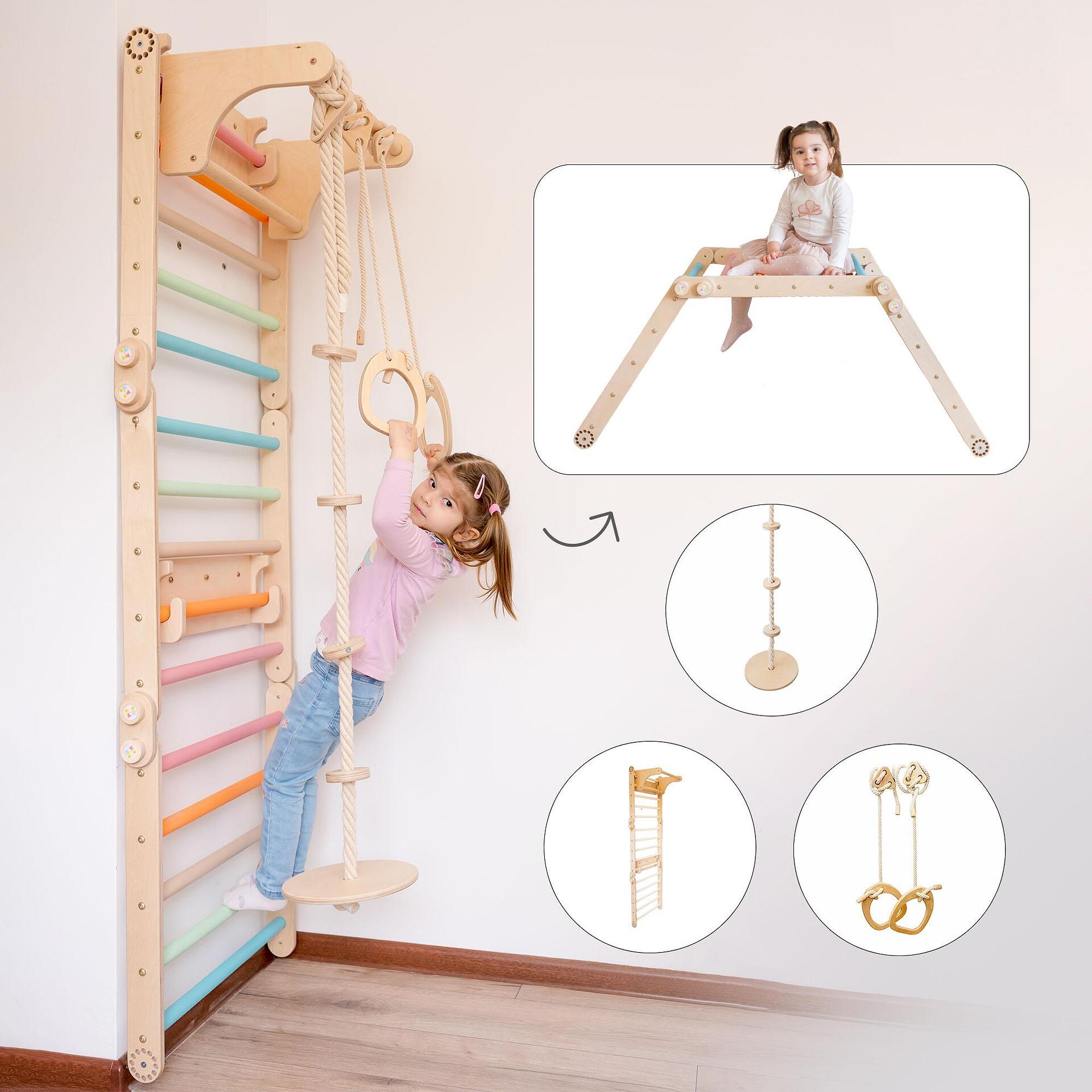 Шведска стена с гимнастически халки и люлка-диск/въже за катерене — снимка