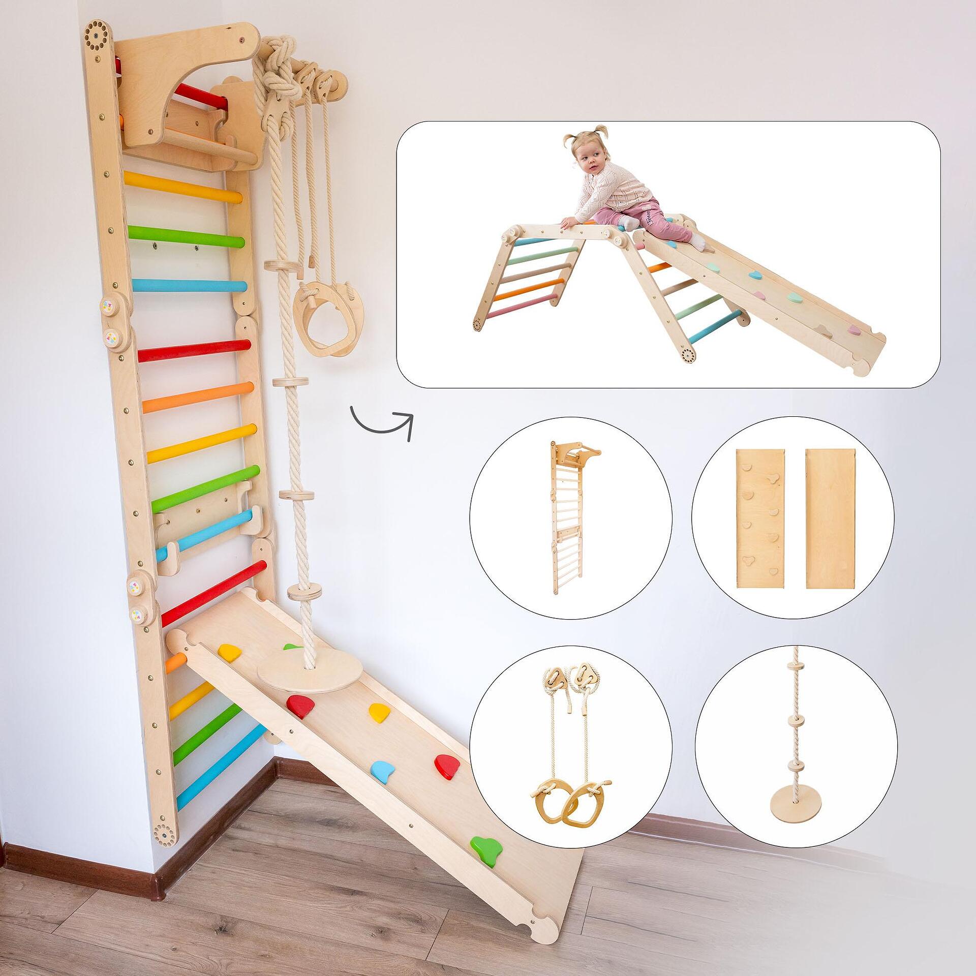 Шведска стена с гимнастически халки, рампа и люлка-диск/въже за катерене — снимка