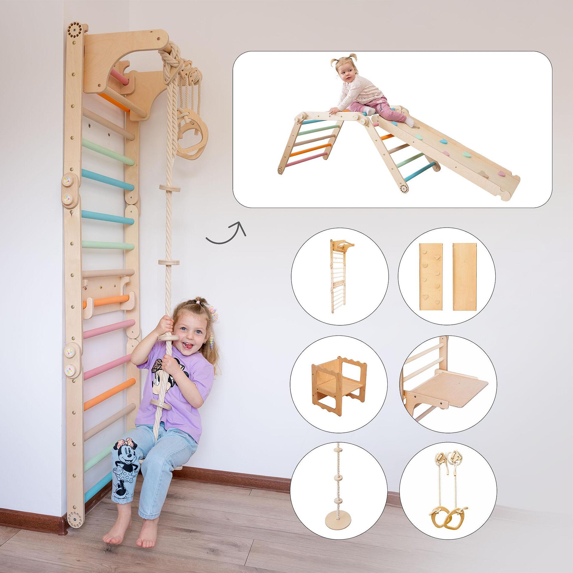 Шведска стена с гимнастически халки, рампа, люлка-диск/въже за катерене, масичка и столче — снимка