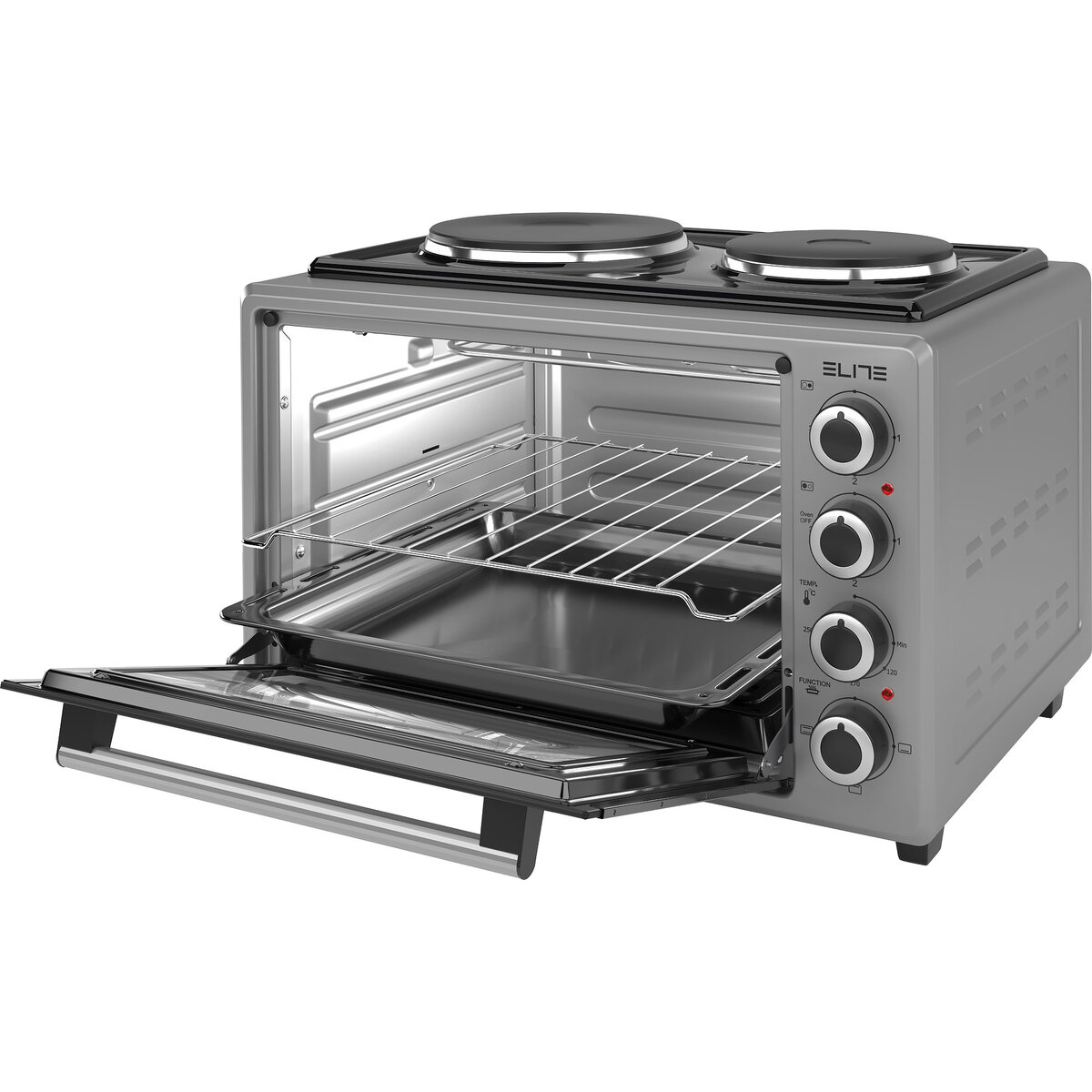 Сива мини готварска печка ELITE EMO-38302G с два котлона, 38л

13.