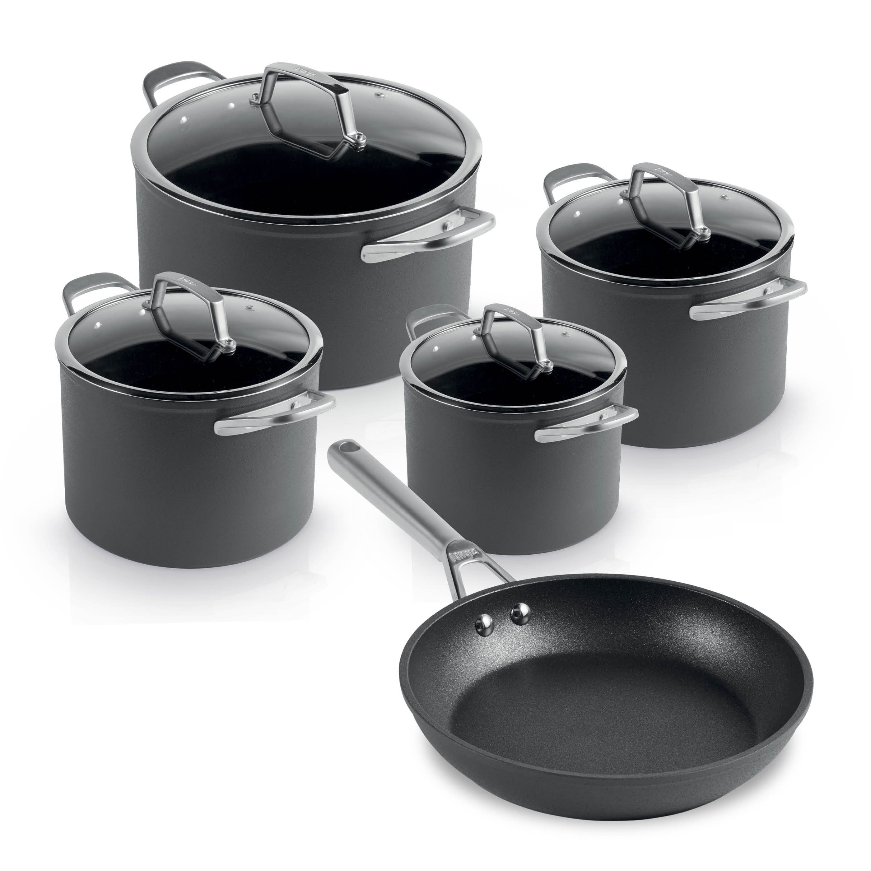 Комплект тенджери и тигани Ninja Zerostick Premium C35005DE, 9 части, Незалепваща технология, До 260C, Индукция, Черен — снимка на продукта от Ninja