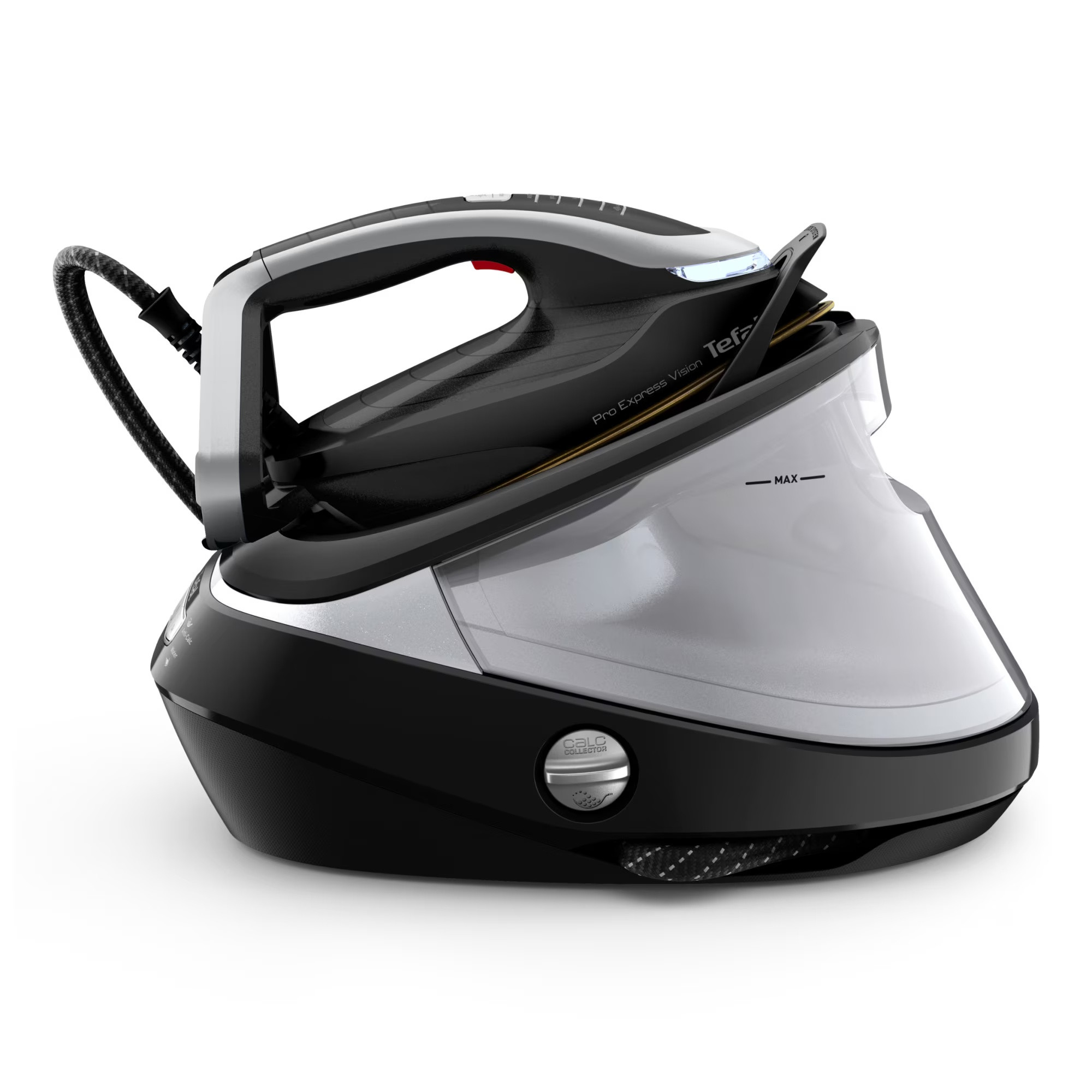 Снимка на Парогенератор Tefal Pro Express Vision GV9821E0, 3000 W, 9 bar, 1.2 л, 800 g/min, Smart Steam, Система против капене и варовик, Вертикално гладене, Черен/сив, TEFAL, цена 316.58 лв