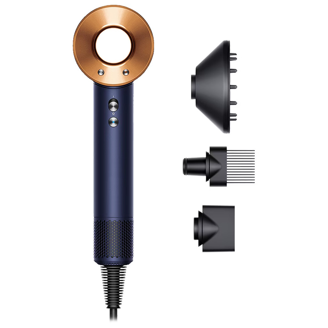 Сешоар Dyson Supersonic HD07 Pbu/Rco 113312-01, 1600W, 3 скорости, 4 температури, Cool shot, 110 000 об/мин, Йонизация, Аксесоари, Син/Меден — снимка на продукта от Dyson