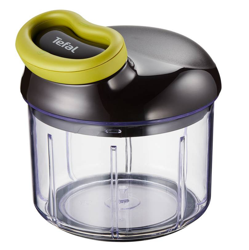 Ръчен чопър с въже Tefal K1320404, 0.9 л, Автоматично прибиране на въжето, 2 стоманени остриета, Заключване на капака, Черен/зелен