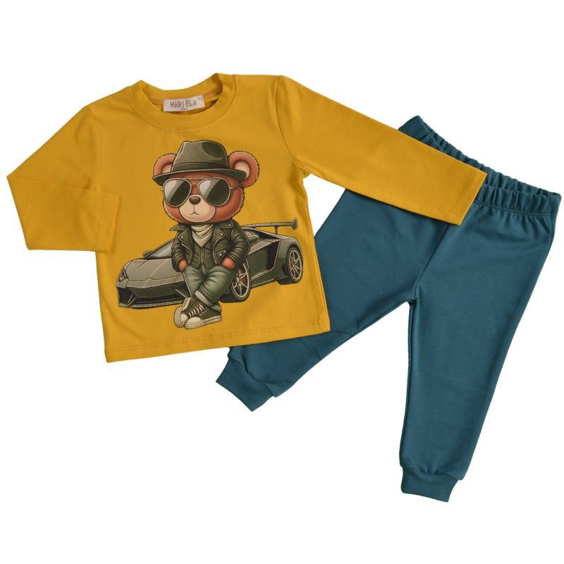Памучен детски комплект Fashion Bear Boy в жълто и синьо зелено — снимка на продукта от MARIELA