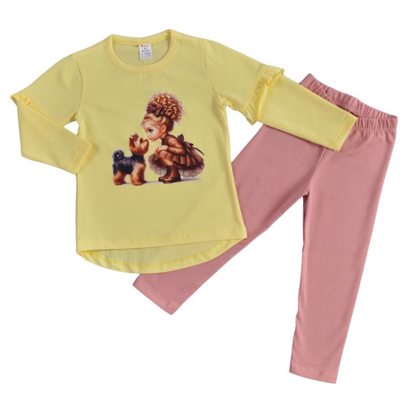 Памучен детски комплект Sweet Girl & Puppy в жълто и цвят пудра — снимка на продукта от Svetli Baby