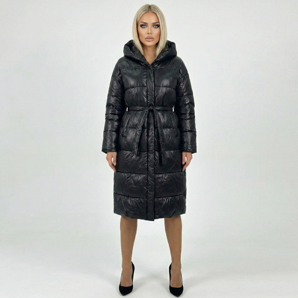 Дълго капитонирано яке с колан в класическо черно,  Ft6019 от Moda Piu Anna — продуктова снимка