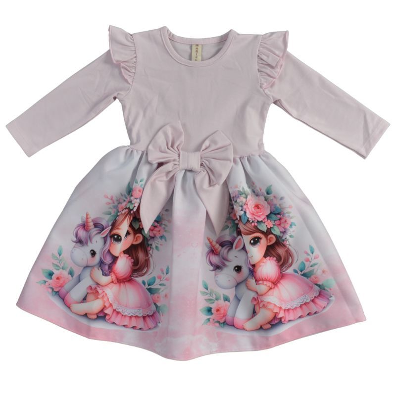 Модерна и нежна памучна детска рокля с къдрички и панделка Girl&Unicorn от MARIELA — продуктова снимка