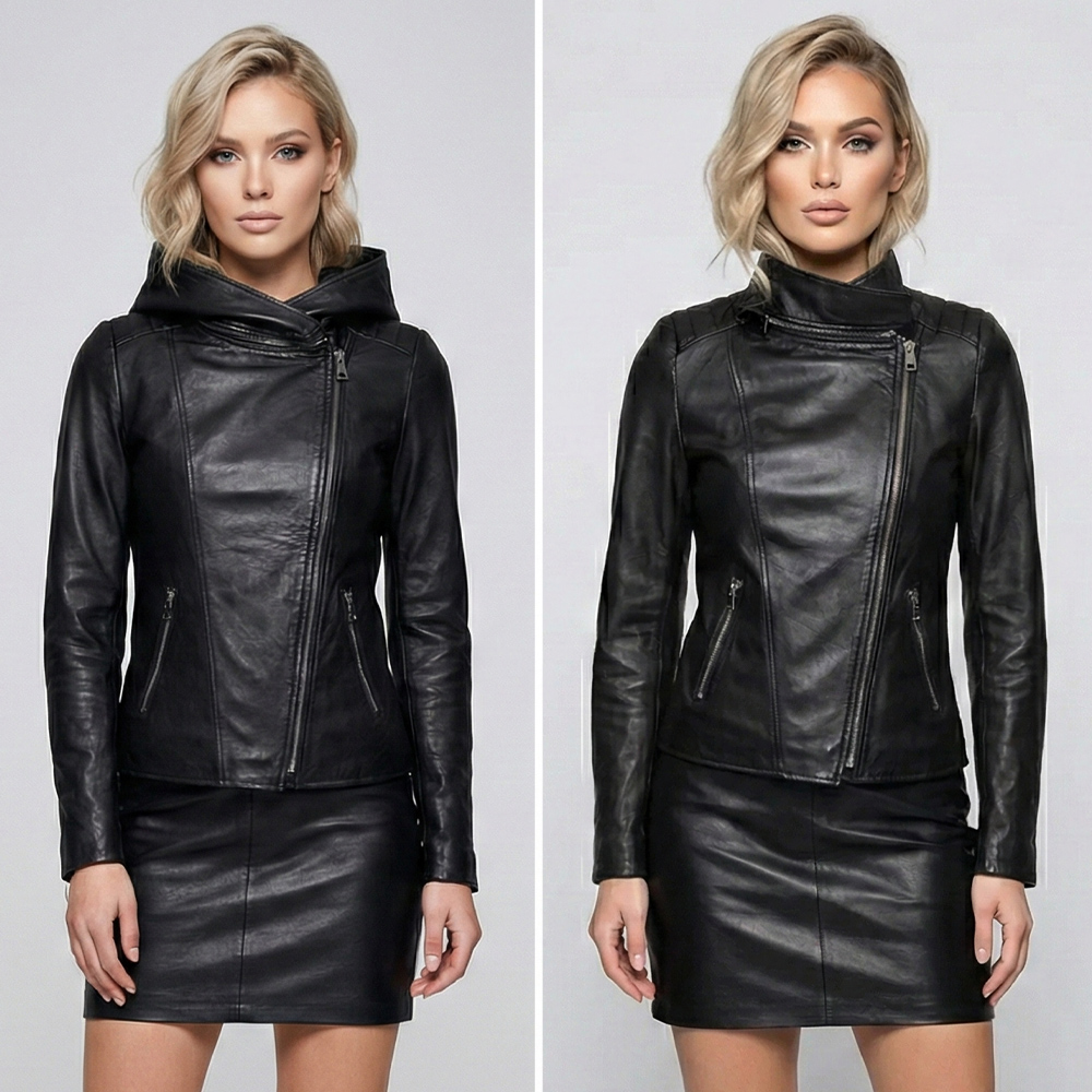 Елегантно дамско яке от естествена кожа, агнешка напа с асиметричен цип в черно, Ft8764