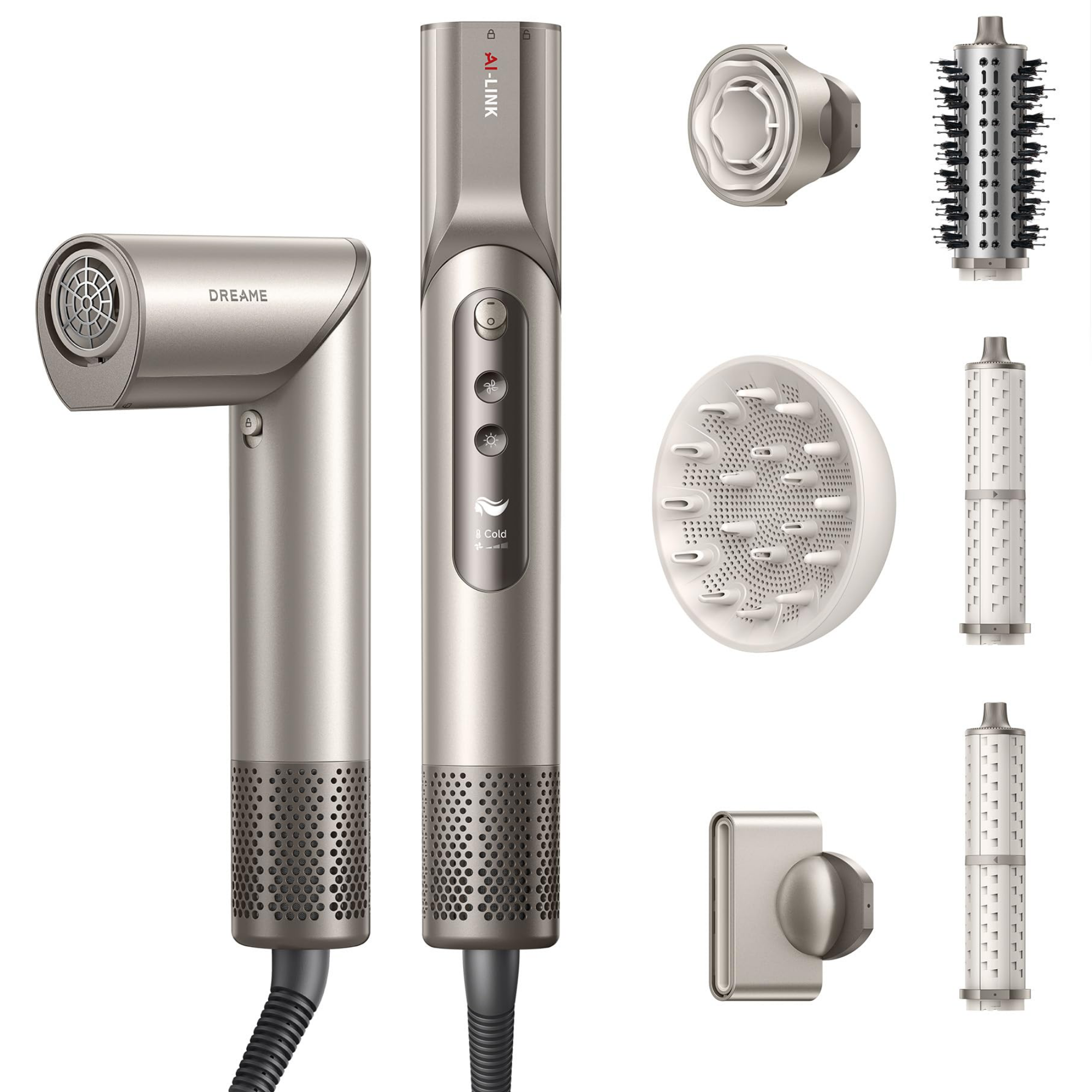 Снимка на Уред за сушене и стилизиране/мултистайлър Dreame Dazzle AZD20A, 1400W, 65 m/s, 3 настройки за скорост и темп., Йонизация, Дисплей, Титаниево злато, Dreame, цена 208.25 лв