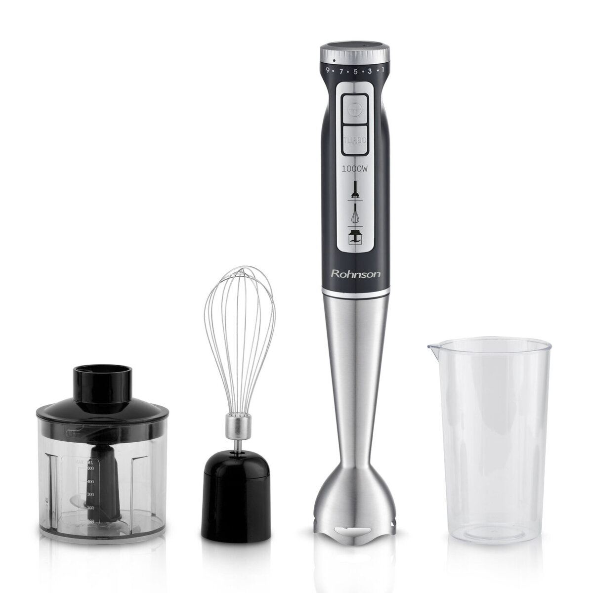 Пасатор, чопър и миксер 3в1 Rohnson R-5794, 1000W, DC мотор, 9 скорости, Turbo функция, Черен — снимка