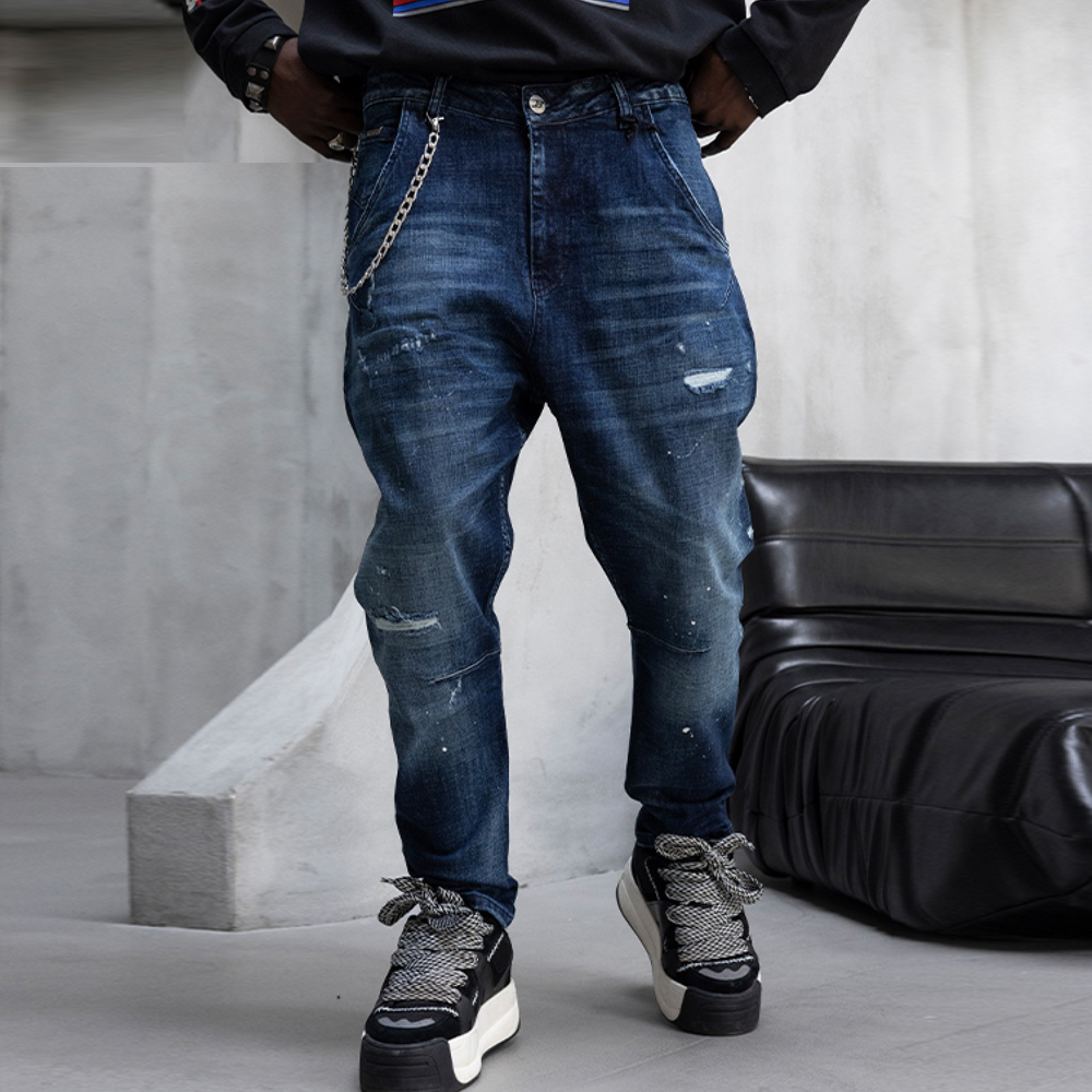 Снимка на Модерни мъжки стрийтуеър дънки, накъсан ефект, кройка потур,  Lux Denim, Ft8772, Black Island , цена 59.00 лв