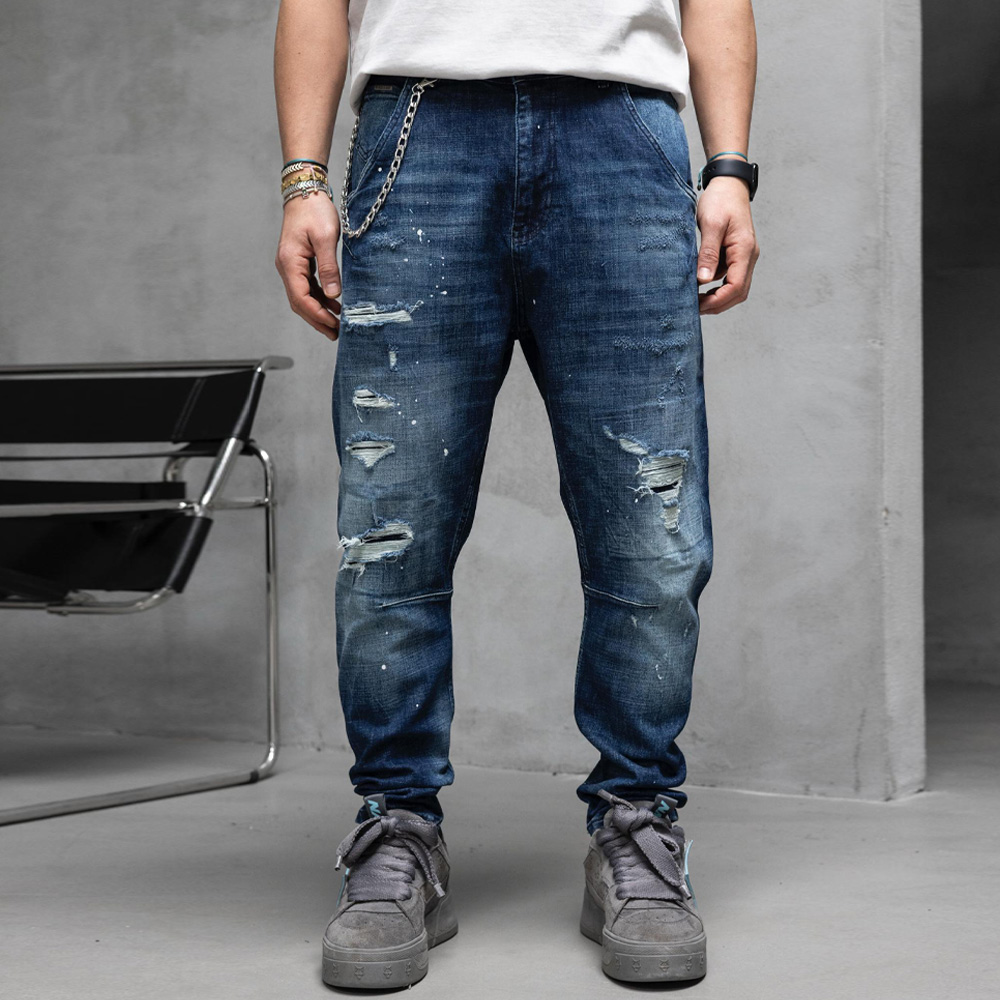 Снимка на Мъжки дизайнерски дънки със смъкнато дъно, накъсан ефект и декоративни пръски, Lux Denim, Ft8770, Black Island , цена 59.00 лв